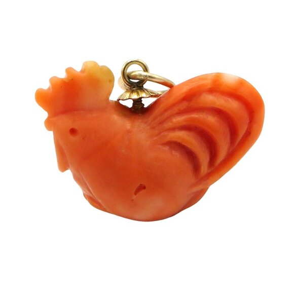 Vintage Art Deco Era 14K Gold & Carved Coral Mother Hen Chicken Charm - Picture 8 of 9